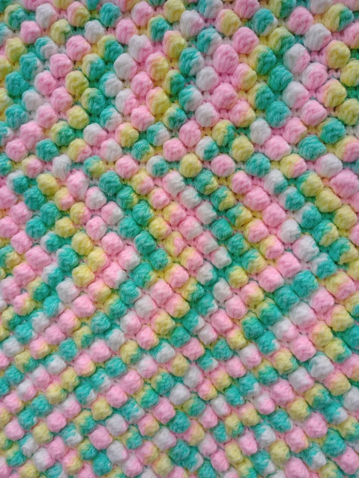Crochet Afghan Baby Blanket Pastel Rainbow Popcorn 43x29 In Cuddly Pink