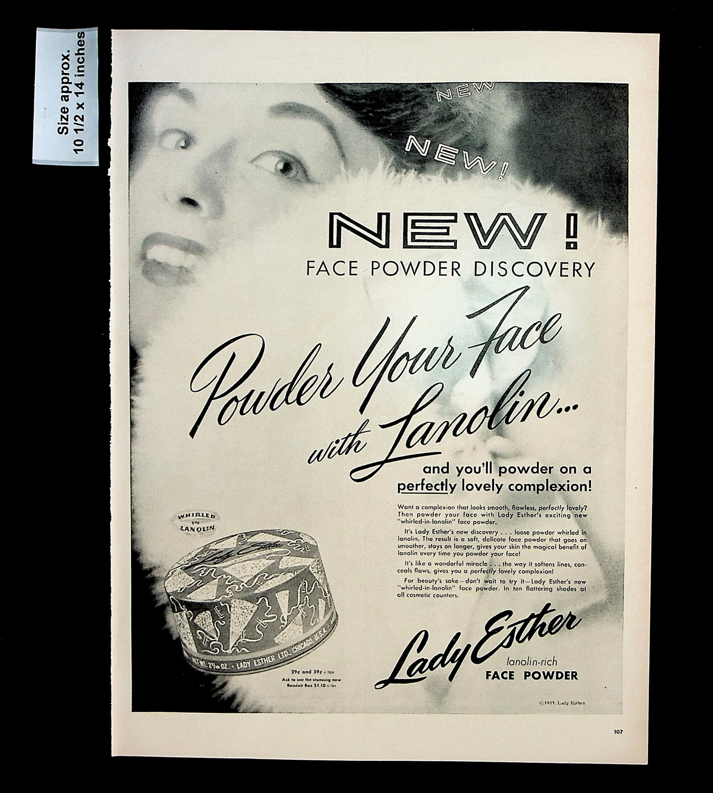 1955 Lady Esther Lanolin Rich Face Powder Makeup Skin Vintage Print Ad  33641 | eBay