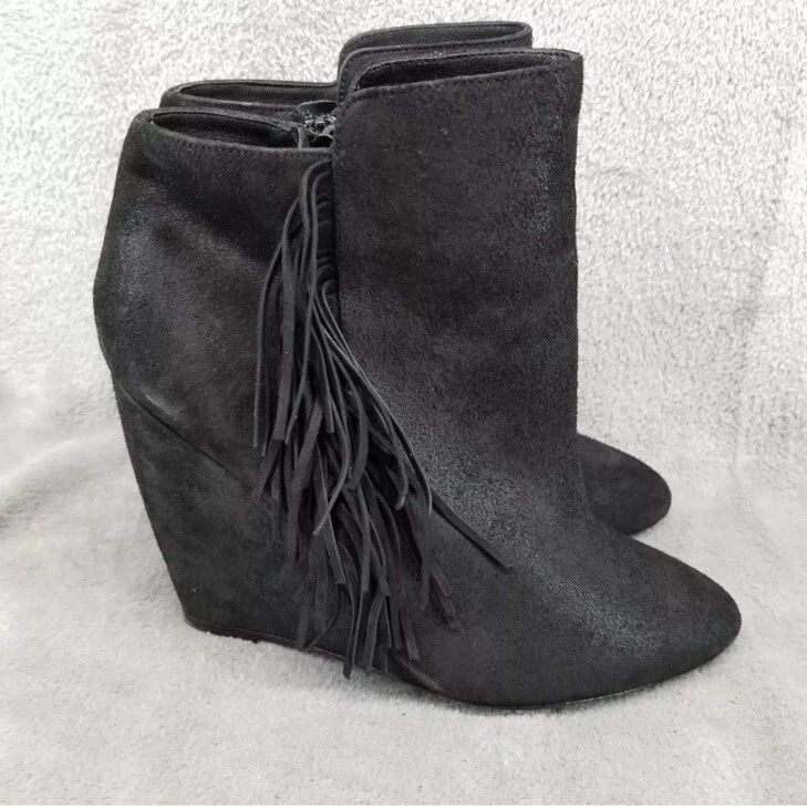 Bota Charles David 8.5 preta camurça franja cowgirl western rocker grunge wedge - Imagem 4 de 4