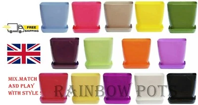 Plastic Flower Plant Pots Modern Square Gloss Orchid + Saucer SET 1 - 2 - 3 - 5