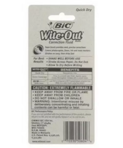 BIC WHITE OUT correction fluid quick dry foam brush .7 fl oz (6 Pack)