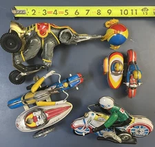 4 Vintage TIN Toy Motorcycle Side Car & Circus Elephant Lot!