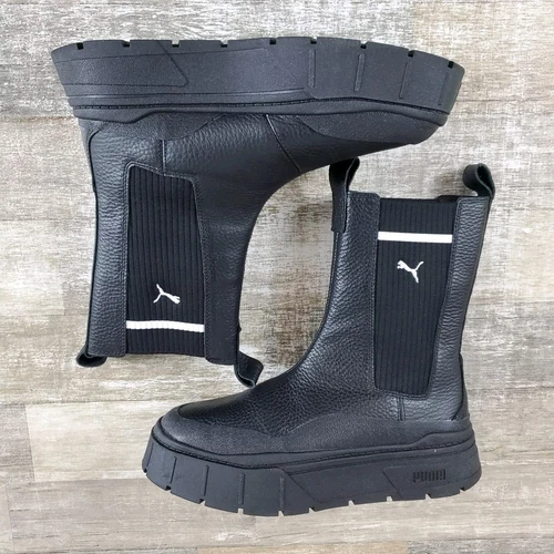 Stivali da donna Puma Mayze Stack Chelsea taglia 10 neri in pelle stivali larghi con lacci