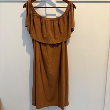 CHICOS Dress Tan Brown Faux Suede Off The Shoulder Ruffle Boho Western XL (3)