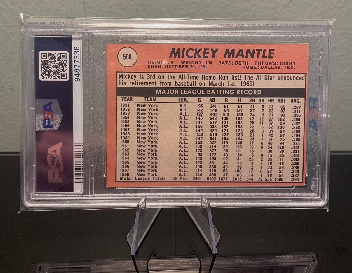 1969 TOPPS LAST NAME IN YELLOW #500 MICKEY MANTLE PSA 3 view 2