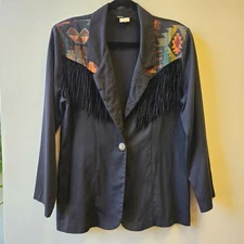 Vintage Black Aztec Fringe Blazer Jacket With Silver Button Art to Wear Festival