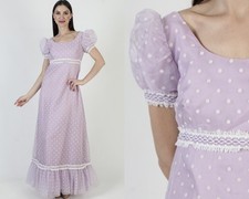 Vtg Violet High Waist Dress Wht Polka Dot Victorian Prairie Evening Prom Gown