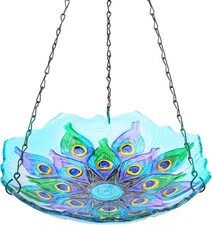 MUMTOP Hanging Bird Bath - Baths for Outdoors, Peacock Glass Pink 