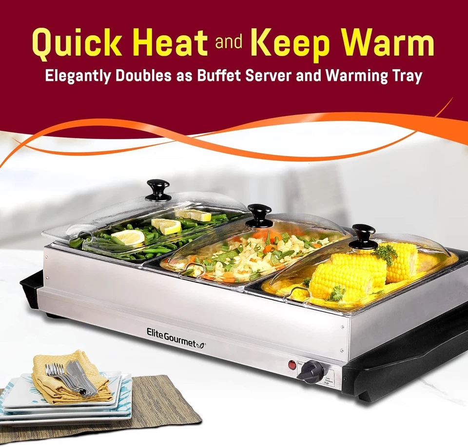 Servidor Buffet Triple Eléctrico Elite Gourmet Acero Inoxidable, Triple 3 x 2.5Qt Foto 2 de 4