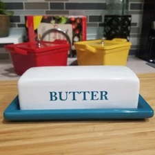 Stoneware Butter Dish Covered Butter Keeper Teal Blue White