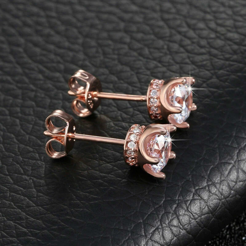 Pendientes de plata de ley 925 con corona de poste de corte redondo circonita cúbica de cristal de oro rosa de 7 mm Foto 2 de 4