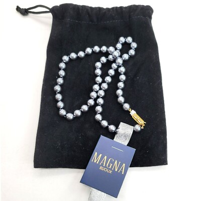 Magna Bijoux Glass Peacock Gray Beaded Pearl Necklace Gold Plated Brass  Clasp NW