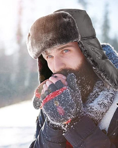 Winter Outdoor Trapper Hats Face Mask Fur Warm Russian Aviator Thermal Ski Caps - Picture 9 of 9