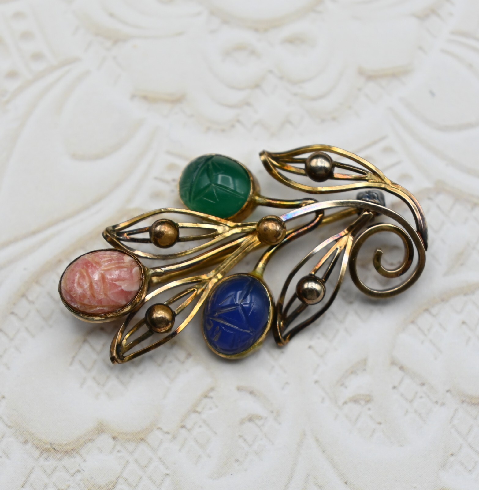 Vintage 12k GF Gemstone Scarab Floral Pin Brooch … - image 1