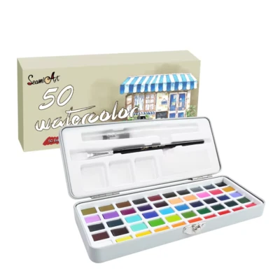Professional 50 Colors Watercolor Paint Draw Painting + Water Brush Pigments Set