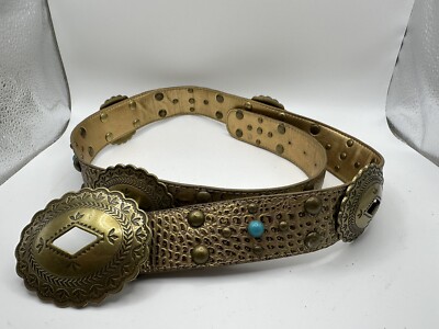 VTG 90s Kathy Van Zeeland Belt Women’s Large Leather Gold Medallions Turquoise Vintage Kathy Van Zeeland Bronze Gold Belt, Studded  main image 3