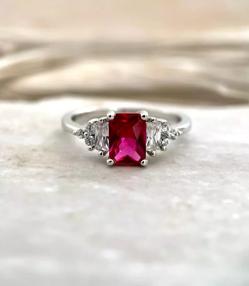 Ct Emerald Cut Natural Ruby Diamond Engagement Ring 14K Solid White  Gold