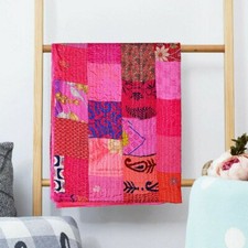 Vintage Patchwork Quilted Pink Handmade Throw Reversible Coverlet Summer