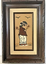 Vintage Navajo Boy Sand Painting Carved Wood Frame 13" x 9" Artist Signed