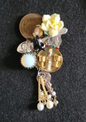 Vintage Unique Handmade Pin Found Items Cameo, Key, Spoon, Coins, Gems, Smirnoff