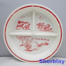 Vintage Vitrock Fire King Little Bo Peep Nursery Rhyme White Red Divided Dish 8"