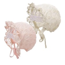 2 Pcs Baby Girl Bonnets Adjustable Lace Eyelet Sun Hat for Large Pink, Beige