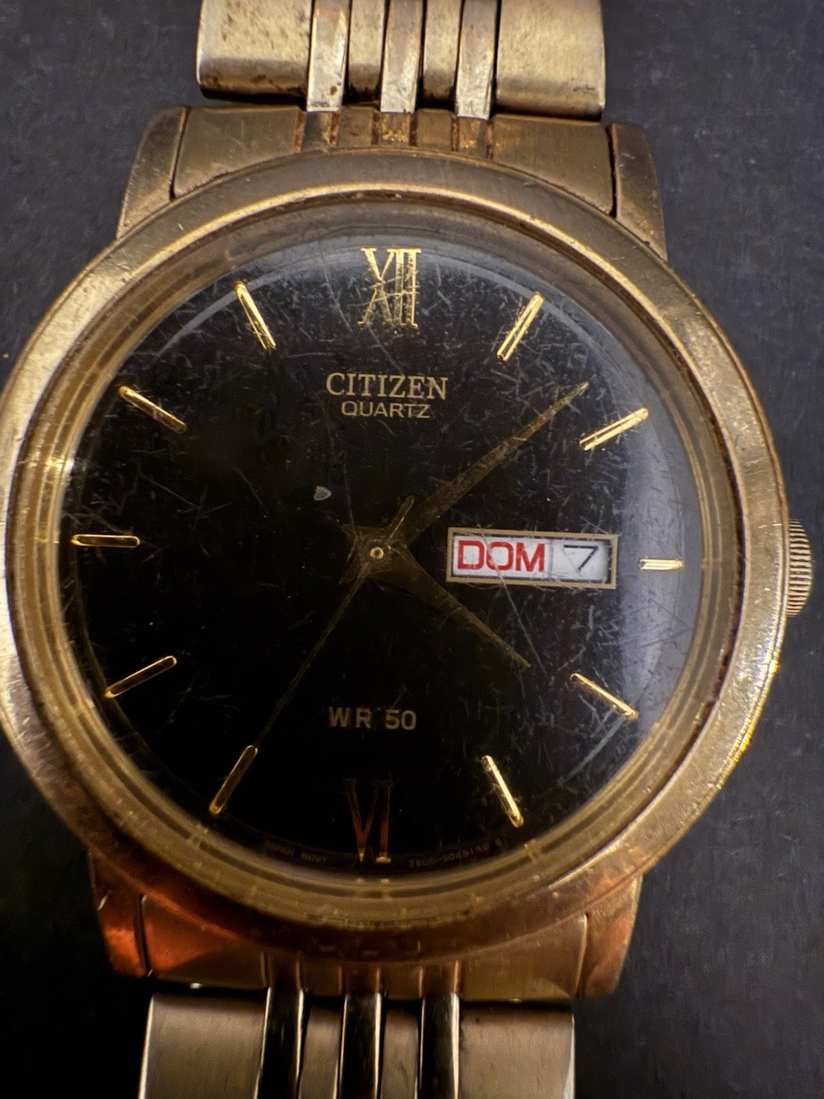 Citizen Quartz Men's Gold Tone Bracelet Watch Black Dial Date WR 50m
