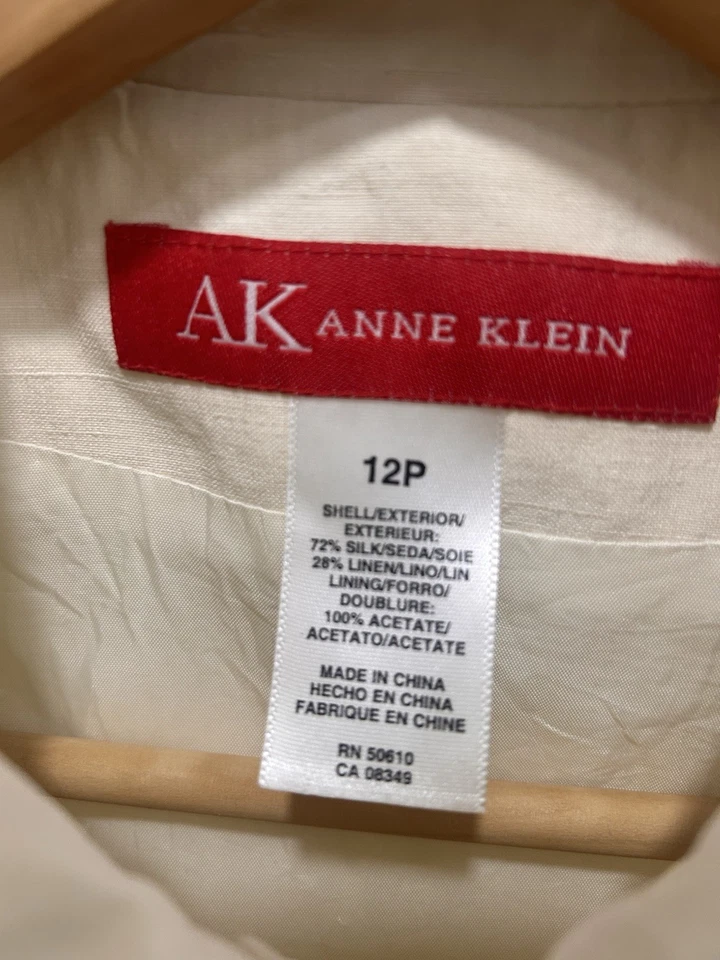 Chaqueta Blazer De Colección Y2K Anne Klein Mujer Seda Lino Marfil Talla 12P 12 Pequeña Usada en Excelente Condición Foto 4 de 4
