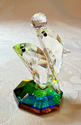 Two Faceted Crystal Dolphins with Ball