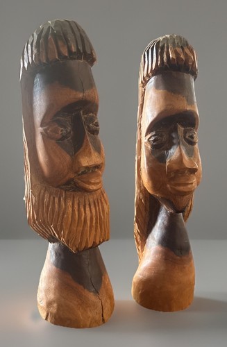Vintage Jamaica 1983 Hand Carved Wood Busts 10.5” Folk Art Pair Man & Woman