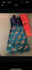 Traditional Women's Choli Set Blue Blouse Green Skirt Red Dupatta Gold Accents