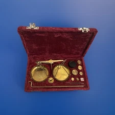 Vintage Brass Balance Scale with Weights Set Velvet Case Made in India