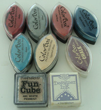 Lot of 8 Pigment Ink Mini Stamp Pads Various Colors Open/Partially Used w Pouch