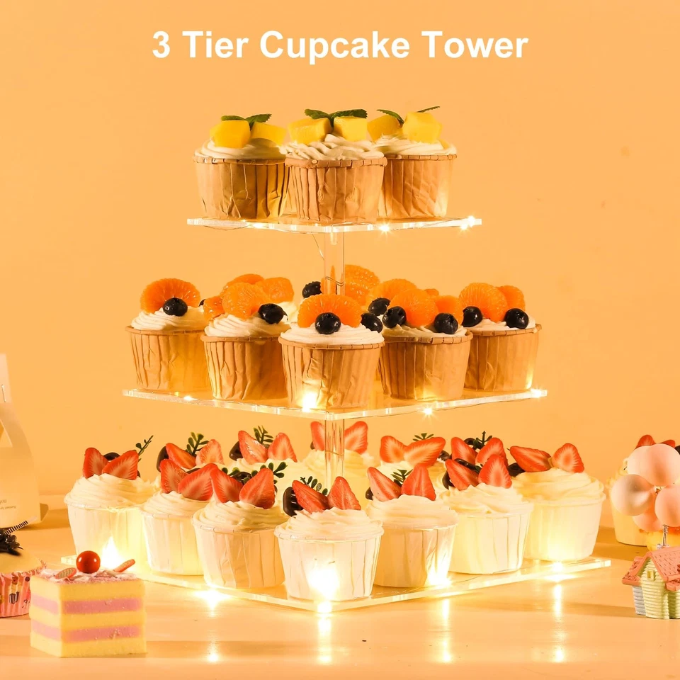 3 Tier Clear Acrylic Cupcake Holder w/ Yellow LED, Dessert Stand for 24 Cupcakes - Image 3 of 4