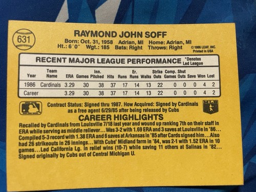 1987 Donruss Baseball Ray Soff 631 St. Louis Cardinals - Picture 2 of 2