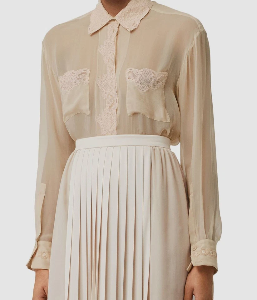 Camisa abotonada Burberry beige con cordones de seda de gasa talla IT46 US12 $1250 para mujer