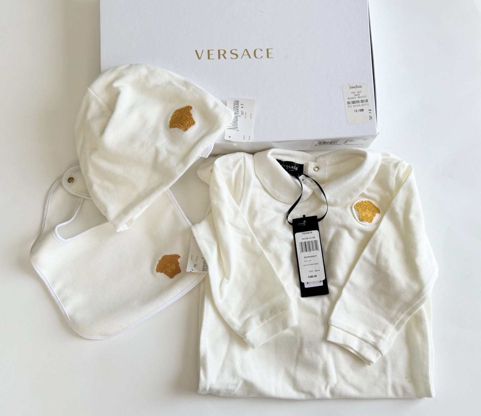 ¡Nuevo sin caja! Versace Bebé 3 P Regalo Juego Blanco Con Logo Talla 12-18 M ¡Org $490!