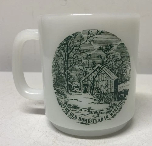 Vtg Glasbake The Old Homestead In Winter Milk Glass Mug Cup Cabin In Woods EUC