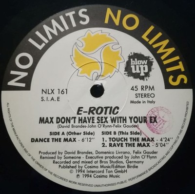 E-Rotic Max Don't Have Sex With Your Ex 12 No Limits - NLX 161 Italy 1994 VG+...