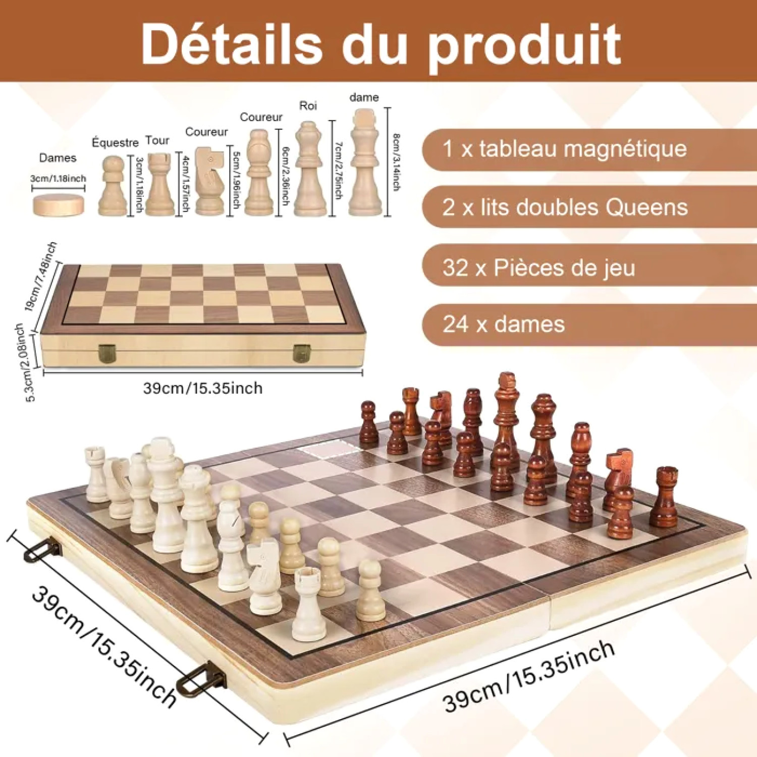 Jeu d'échecs pliable grand format 39cm pour ne plus perdre les pièces en bois
