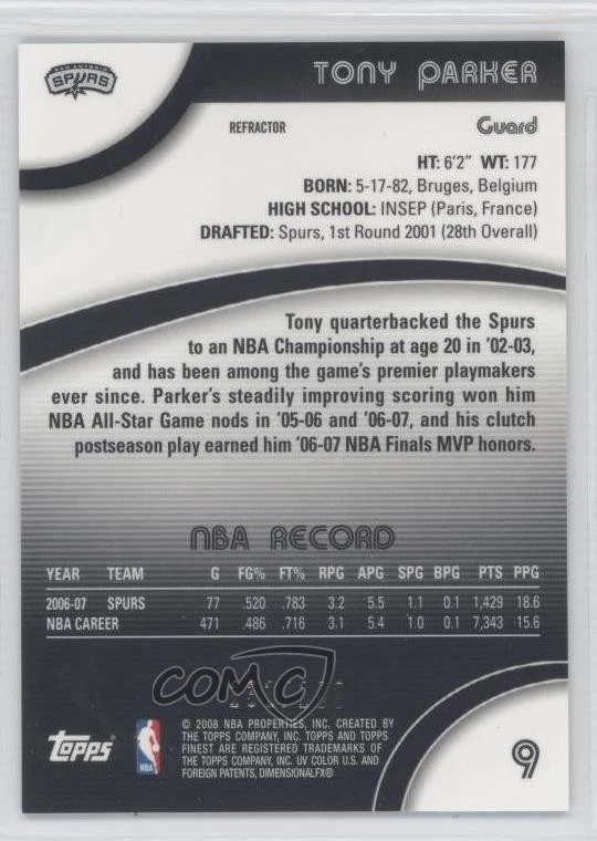 2007-08 Topps Finest Blue Refractor /199 Tony Parker #9 HOF - Image 2 of 2