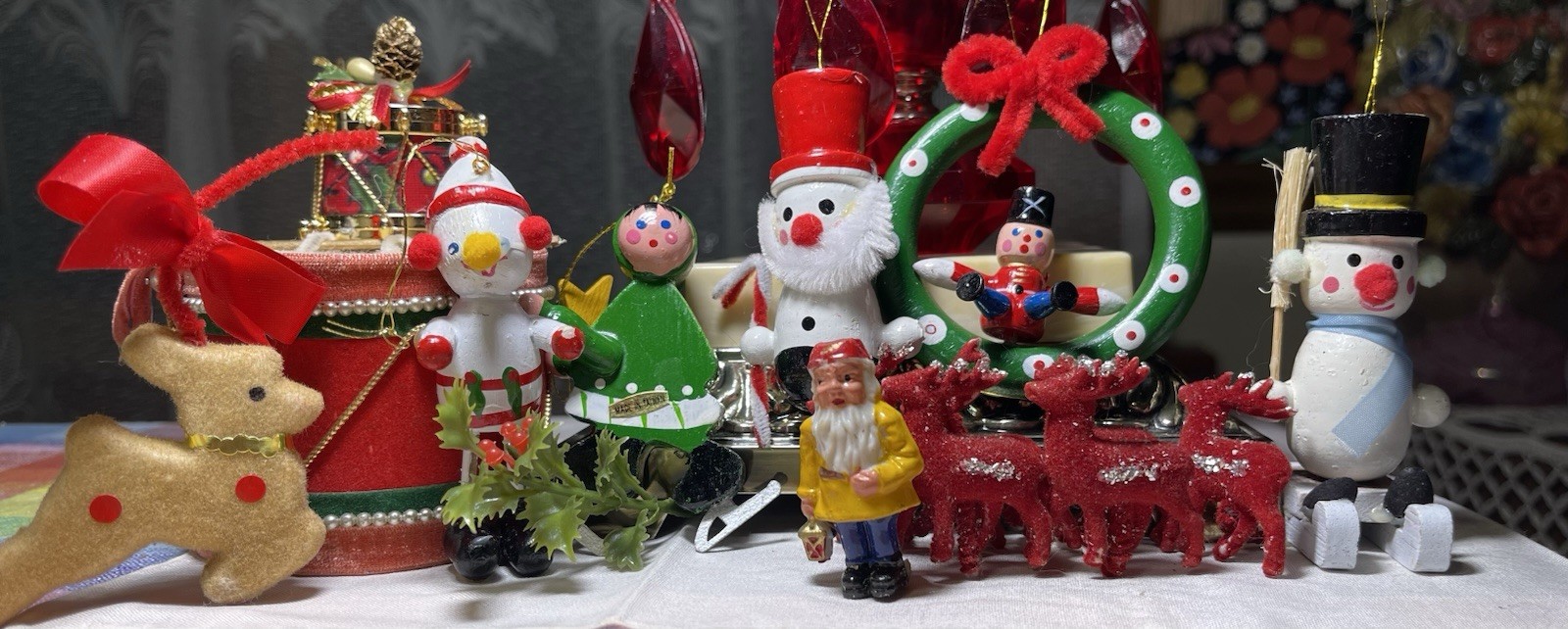 30 Vintage Christmas ornaments lot Wood Taiwan Hong Kong Kitschy Kitsch Flocked