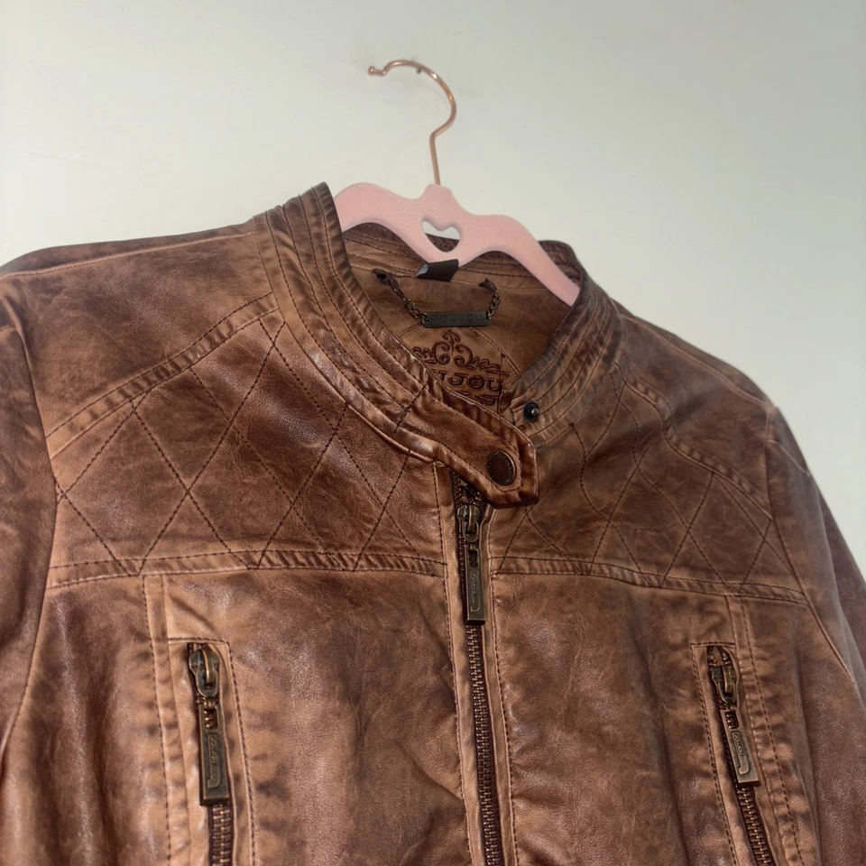 VTG Juju Faux Leather Women’s Jacket Sz Lg Boho Folk Bomber Coat Brown Chore Y2K - Image 2 of 4