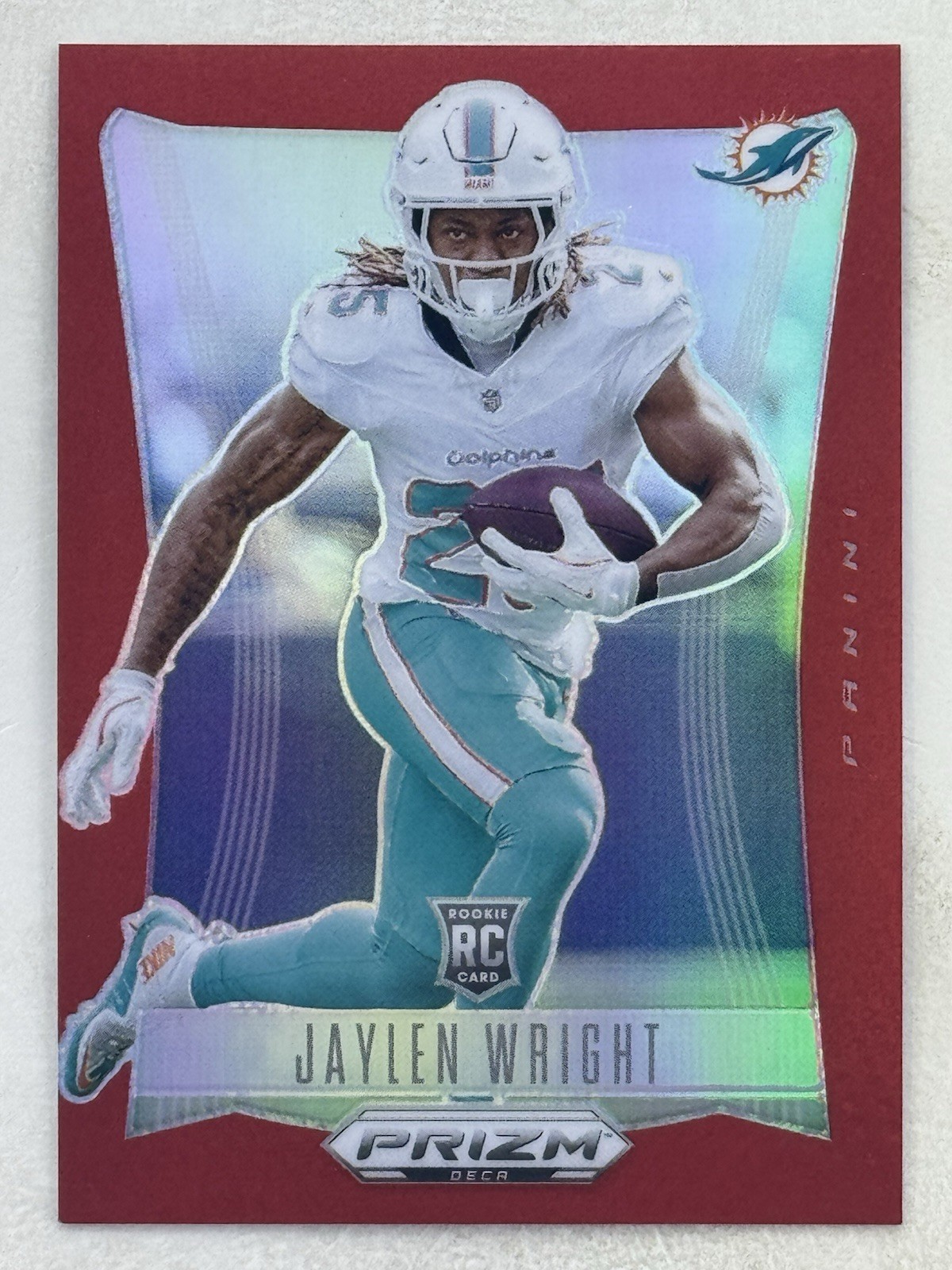 Jaylen Wright 2024 Panini Prizm Deca Red Prizm RC /199 #201 NFL Dolphins Rookie