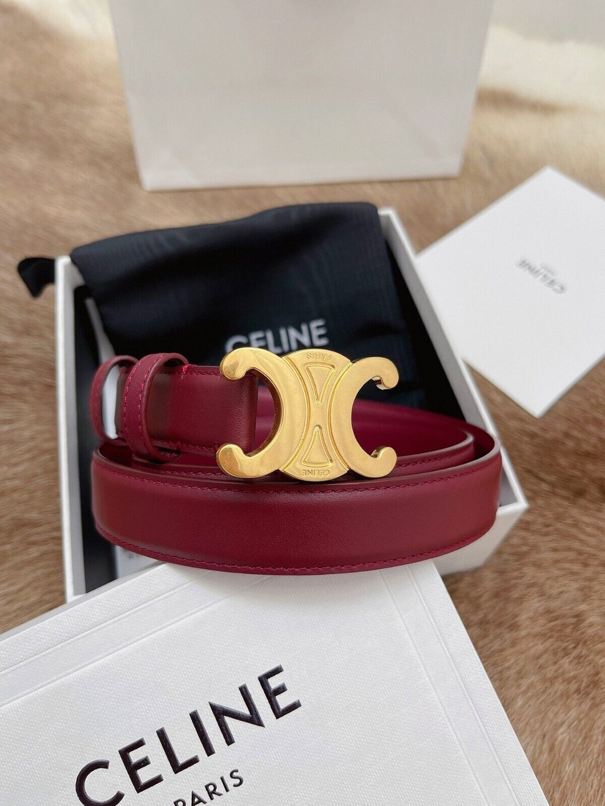 Celine Medium Triomphe Gold Logo Burgundy Women's Leather Celine Medium Triomphe Gold Logo Burgundy Women's Leather