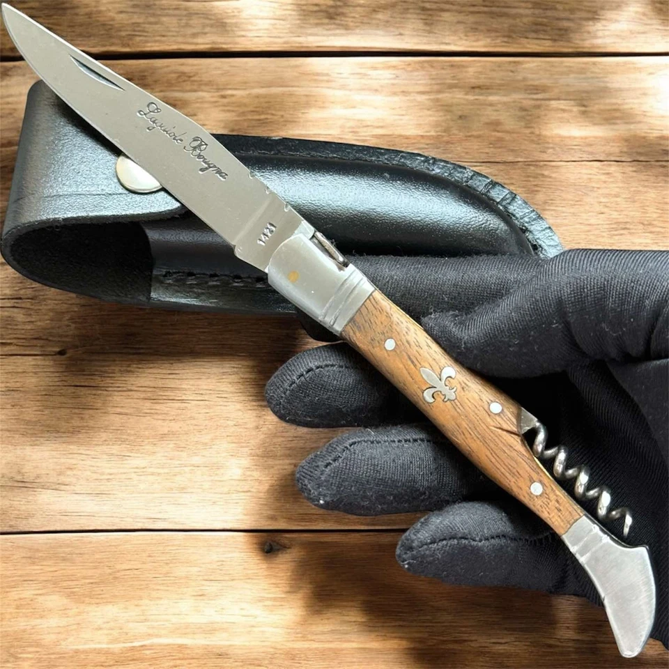 Vintage Laquiole Pocket Knife Blade Wood Handle Sheath Leather Corkscrew Men's - Image 3 of 4