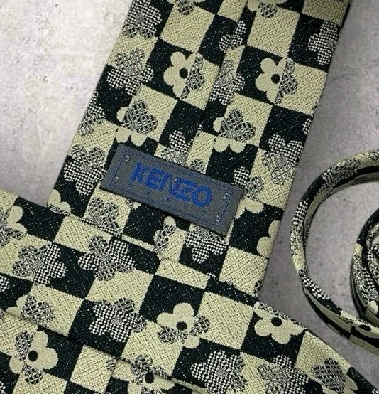 KENZO Silk Tie ITALY Black Beige Geometric Floral W:4" EUC - Image 2 of 4