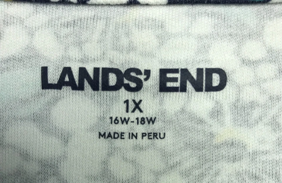 Lands' End 衬衫女式 1X 16W 18W 花卉 3/4 袖 Polo 领蓝色全新无标签 — 第 2/4 张图片