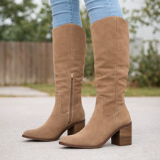 Women s Tall Suede Knee-High Boots Tan Block Heel Side Zip New