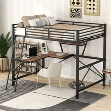 Full Size Modern Loft Sturdy Metal & MDF Bed with Desk and Shelf for Kids, Black